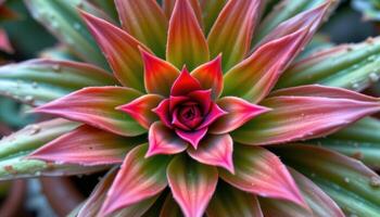 close up view of a bromeliad plant with bright red central rosette and structured leaves. photo