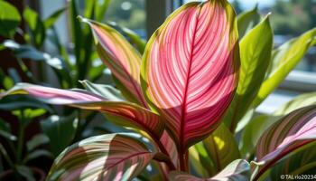 close up view of variegated calathea leaves with pink and green stripes, illuminated by gentle window light in a serene indoor setting. photo