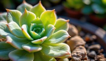 close up view of a tiny echeveria pup emerging beside its parent rosette in warm sunlight. photo