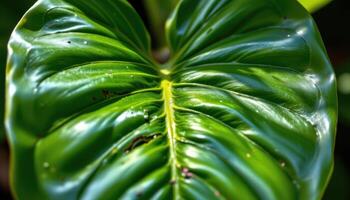 close up view of a glossy rubber plant leaf reflecting ambient light, showcasing deep green hues and prominent central veins. photo
