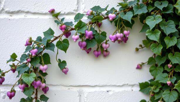 close up view of a trailing string of hearts vine with purple gray foliage against a white wall. photo