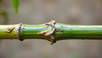 close up view of an ornamental bamboo cane section showing joint structure and fresh green shoots. photo