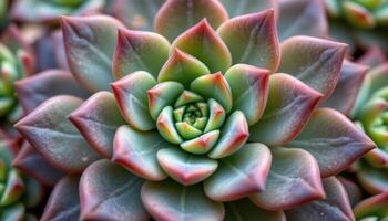 close up view of a tightly packed crassula cluster with sharp geometric growth and subtle color shifts. photo