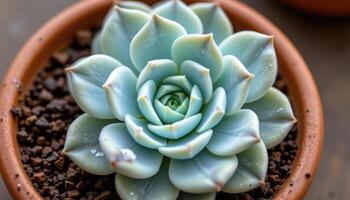 close up view of an echeveria succulent rosette with pale blue green tones and a powdery finish in a ceramic pot. photo