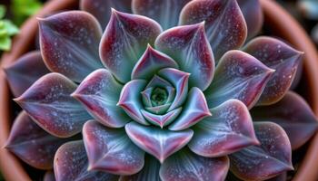 close up view of a black prince echeveria with dark, rich burgundy leaves forming a dense geometric rosette. photo