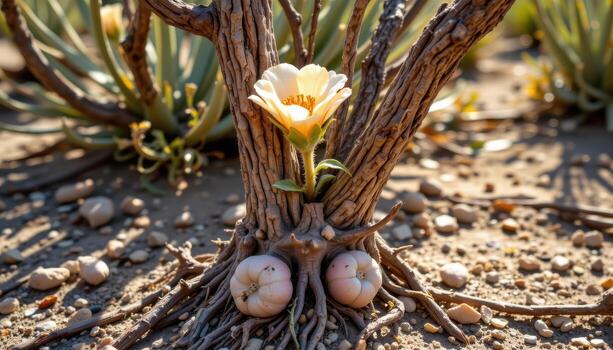 close up view of a thick trunked desert rose with bulbous roots and sparse green leaves catching afternoon sun. photo