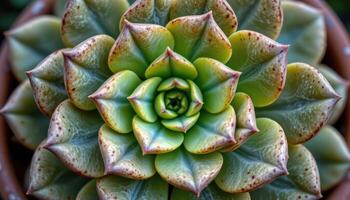close up view of a stacked crassula plant with geometric layering and natural patina. photo