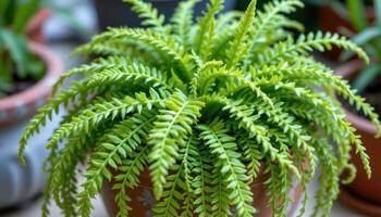 close up view of a bushy asparagus fern with fine, needle like foliage cascading from a ceramic pot. photo