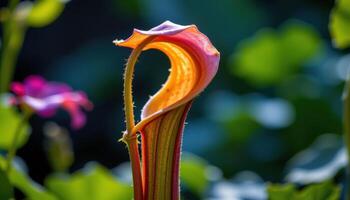 close up view of a pitcher plant's trap structure glowing in a backlit botanical setup. photo