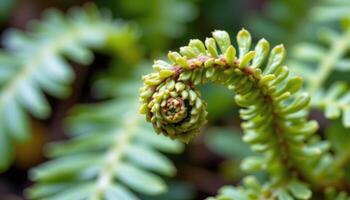 close up view of an ornamental fern frond slowly unfurling with tiny fine leaflets and organic texture. photo