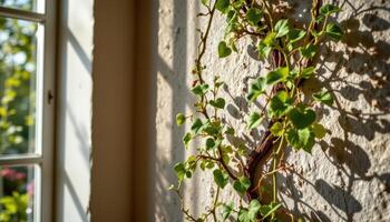 close up view of a creeping fig vine scaling a rough textured wall in a sunlit room. photo