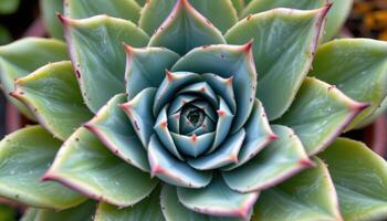 close up view of a spiral aloe plant forming a perfect rosette pattern with symmetrical leaf arrangement and sharp detail. photo