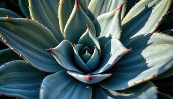 close up view of a spiral aloe plant with symmetrical leaf arrangement and dramatic shadows. photo