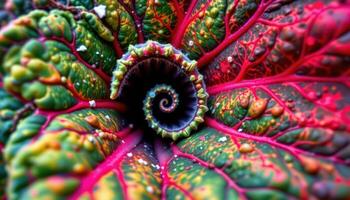 close up view of a rex begonia leaf with rich red veining and a spiral curl on its fuzzy, colorful surface. photo