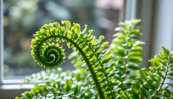 close up view of an ornamental fern with delicate fronds unfurling in intricate spirals beneath gentle window light. photo