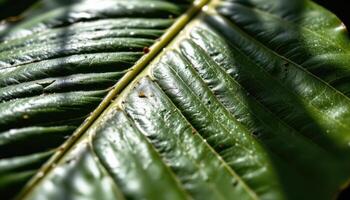 close up view of a sunlit rubber tree leaf with a waxy surface and prominent midrib. photo