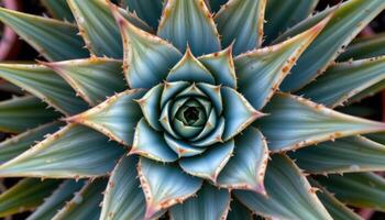 close up view of a tightly spiraled aloe plant with thick, toothed leaves arranged in perfect radial symmetry. photo