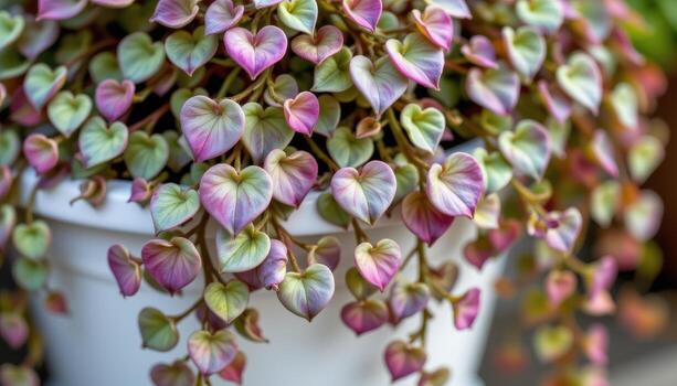 close up view of a string of hearts vine with small heart shaped leaves in dusty green and purple cascading from a white pot. photo