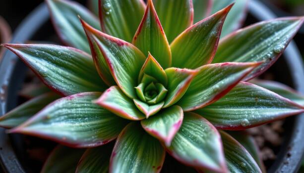 close up view of a haworthia plant with sharp, pointed leaves and translucent tips in a neat rosette pattern. photo
