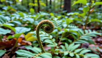 close up view of a curled fern frond beginning to unfurl surrounded by mature foliage in a soft forest ambiance. photo