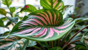close up view of a calathea leaf with intricate pink and green striping, surrounded by other lush foliage under diffused window light. photo