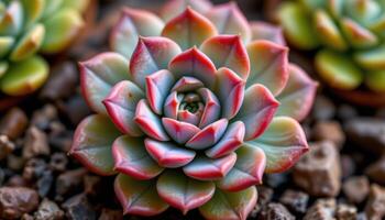 close up view of a compact aeonium succulent with waxy, perfectly symmetrical rosettes. photo