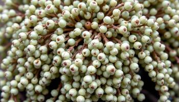 close up view of a sedum morganianum with pale green, bead like leaves cascading in thick strands. photo