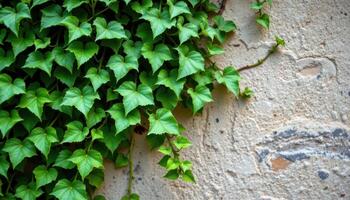 close up view of a cascading ivy plant with jagged edged, classic shaped leaves trailing gently down a textured wall. photo