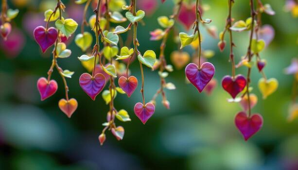 close up view of string of hearts cascading downward with tiny heart shaped leaves in dusty green and purple hues suspended from thin vines photo