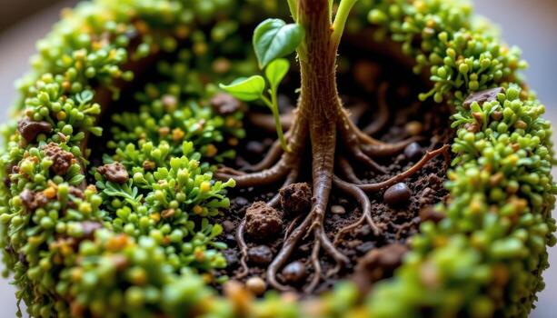 close up view of a kokedama moss ball with thick green moss surrounding soil and roots of a small ornamental plant. photo