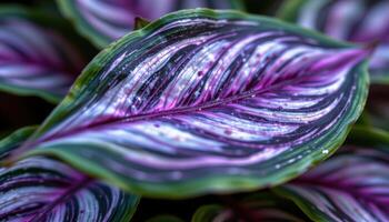 close up view of a tradescantia zebrina leaf displaying iridescent purple and silver stripes, shining under soft light. photo