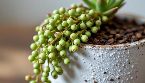 close up view of trailing string of pearls succulent with spherical, bead like leaves cascading gracefully from a textured pot photo