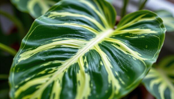 close up view of a philodendron brasil leaf showing variegated green and lime patterns forming fluid streaks down its center photo