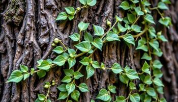 close up view of creeping fig vine with tiny, leathery green leaves climbing over rough bark in dense overlapping layers photo