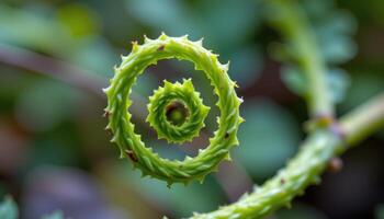 close up view of a tightly curled young fern frond unfurling slowly with delicate structure and soft green color photo