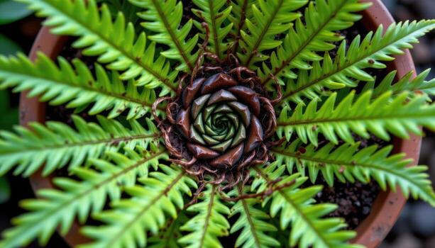 close up view of a bird's nest fern with broad wavy fronds radiating from a central rosette surrounded by moist potting soil photo
