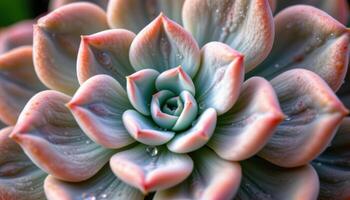 close up view of an echeveria leaf edge showing pastel coloration and thick succulent texture with morning dew droplets. photo