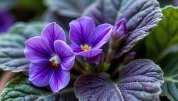 close up view of an african violet flower with fuzzy dark leaves and velvety purple blooms nestled gently together. photo