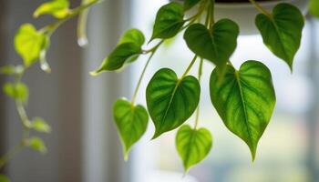 close up view of a pothos vine draping down with heart shaped leaves displaying subtle variegation in gentle natural light. photo