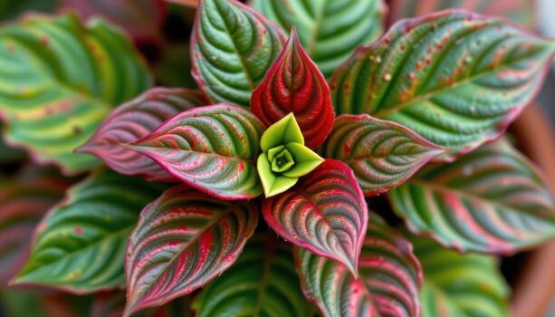 close up view of peperomia rosso with deep red undersides and pointed ridged green leaves arranged in a tight cluster photo