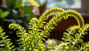 close up view of foxtail fern with arching bright green plumes resembling bottle brushes under warm indoor lighting photo