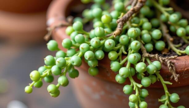 close up view of a compact string of pearls succulent with bead like green leaves hanging from a rustic clay pot photo