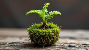 close up view of a miniature kokedama ball holding a single fern growing upward from the moss wrapped root bundle photo