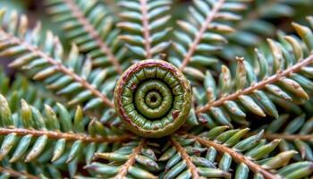 close up view of a fern tip coiled in a tight spiral ready to unfurl amidst a bed of mature fronds. photo