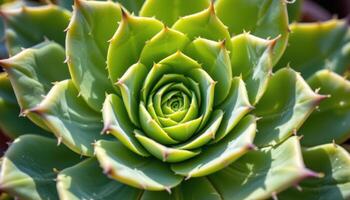 close up view of a spiral aloe succulent with geometric spiral symmetry and firm toothed leaves catching the morning light. photo