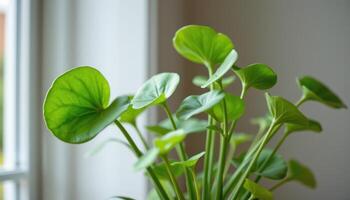 close up view of a chinese money plant with round, flat leaves growing symmetrically on upright stems in soft interior light. photo