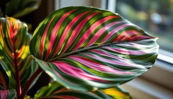 close up view of a striking calathea leaf displaying vivid pink stripes and deep green background under diffused sunlight through a nearby window photo