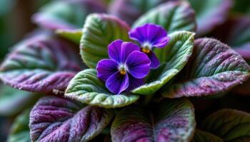 close up view of a fuzzy african violet with velvety green leaves and purple blossoms nestled at the center photo