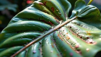 close up view of a split leaf philodendron leaf with glossy surfaces and bold cuts glowing under a skylight photo