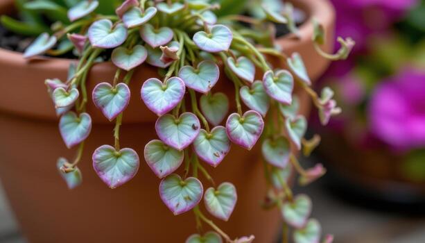 close up view of string of hearts trailing gracefully from a planter with tiny heart shaped gray green leaves edged in purple photo